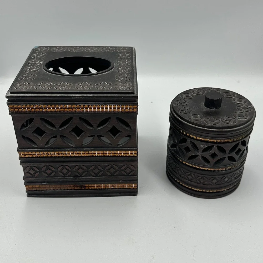 2pc Bathroom Vanity Set Tissue Box Cover Lidded Canister Bronze Gold Rhinestone